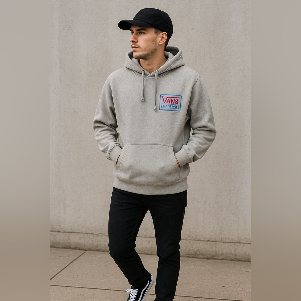 Vans Off The Wall Hoodie Small Gray Pullover Box Logo Skateboarding Streetwear